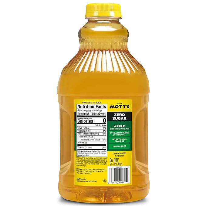 Mott's Zero Sugar Apple Juice Drink 64 fl oz Bottle (Pack of 8) Apple Flavor Excellent Source of Vitamin C