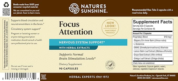 Nature's Sunshine Focus Attention 90 Capsules Provides Nutrients That Help Maintain Normal Brain-Stimulation Levels While Supporting Blood Circulation and Neurotransmitter Levels in The Brain