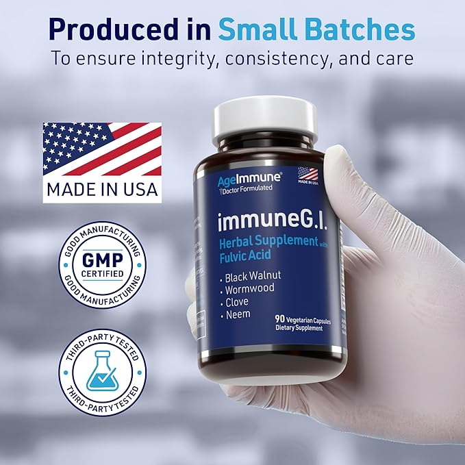 AgeImmune ImmuneG.I. Wormwood Black Walnut Clove Neem Fulvic Acid- Intestinal Cleanse Formula Doctor Formulated to Support Gut Health and Detox - No Stearates No Dioxides – 90 Capsules