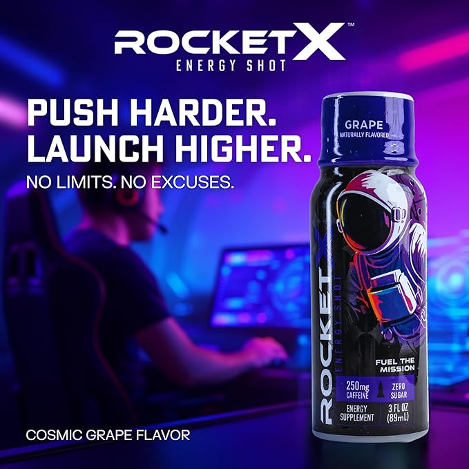 RocketX Energy Drink Zero Sugar Zero Calorie Beverage with Caffeine and B Vitamins Grape Flavor 3 fl oz Portable Bottle Pack of 12