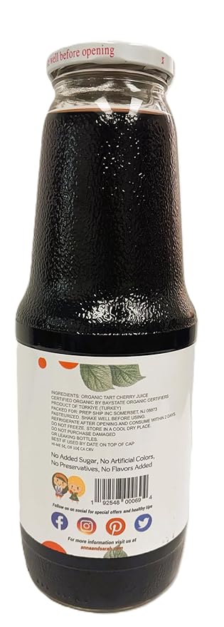 Anna and Sarah 33.8 Oz Organic Tart Cherry Juice - Glass Bottle (6 Pack) No Sugar Added No Artificial Colors No Preservatives No Flavors AddedNOT from Concentrate