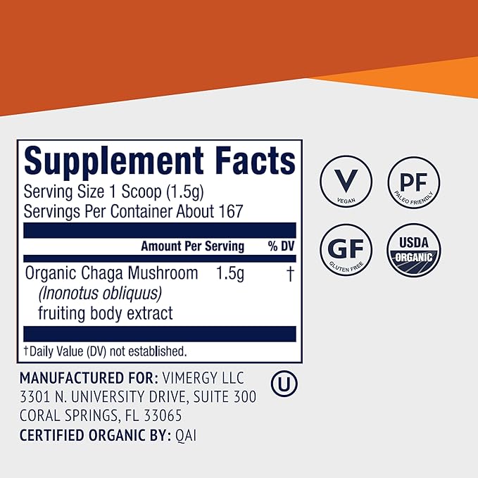 VIMERGY USDA Organic Wild Chaga Mushroom Extract Powder 166 Servings – Ideal in Chaga Tea Coffee Smoothies – Cardiovascular Support - Kosher Vegan No Gluten Paleo - Pure Chaga No Fillers (250g)
