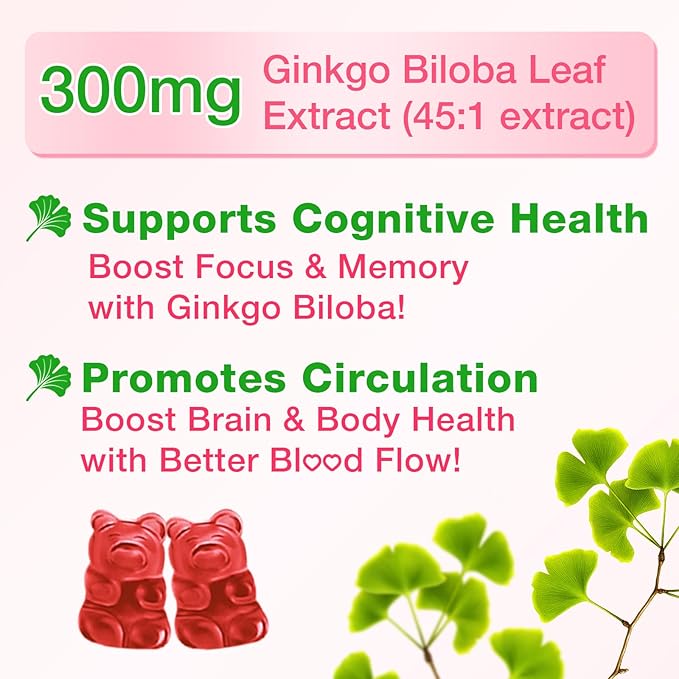 2 Pack Ginkgo Biloba Gummies with Panax Ginseng and Magnesium Ginkgo Biloba Supplements for Focus Memory and Brain Health for Adults &amp Kids Vegan Raspberry Flavor Gummies 120 Count