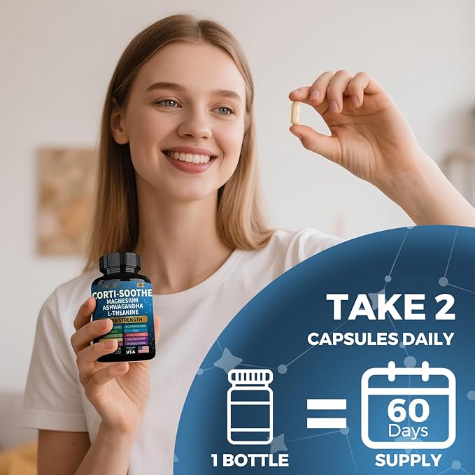 Corti-Soothe Cortisol Supplement for Women and Men with Magnesium Glycinate 200mg L-Theanine 150mg Phosphatidylserine 50mg &amp Manager Holy Basil Ginkgo Biloba Bacopa Monnieri Valerian 60 Capsules