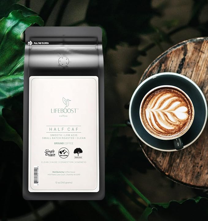 Lifeboost Coffee Half Caff Ground Coffee - Low Acid Single Origin USDA Organic Coffee - Non-GMO Ground Coffee Third Party Tested For Mycotoxins &amp Pesticides - 12 Ounces