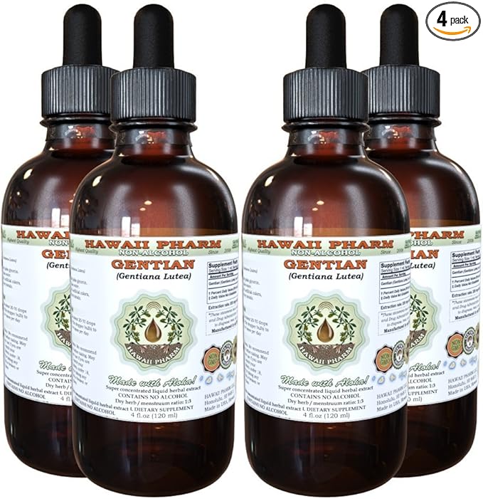 Hawaii Pharm Gentian Alcohol-Free Liquid Extract Gentian (Gentiana Lutea) Dried Root Glycerite Natural Herbal Supplement 4x4 oz
