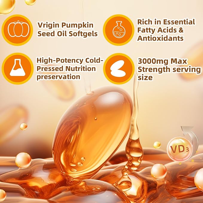 Pumpkin Seed Oil with Saw Palmetto Vitamin D3 &amp Elderberry-300 Capsules Pure Virgin Oil Essential Fatty Acids &amp Phytosterols-Supports Prostate Function Hair Health &amp Urinary Comfort