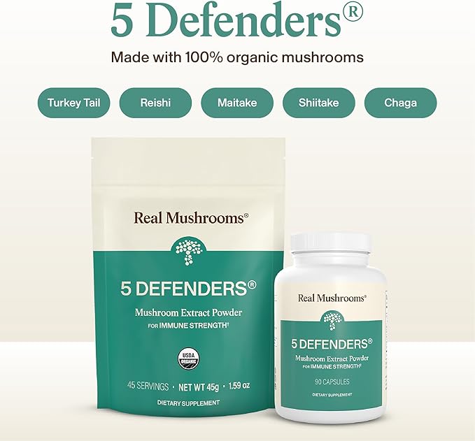 Real Mushrooms 5 Defenders - Adaptogenic Mushrooms Complex with Chaga Reishi Turkey Tail Maitake &amp Shiitake for Wellness Support - Mushroom Beta Glucan Capsules - 90 Count