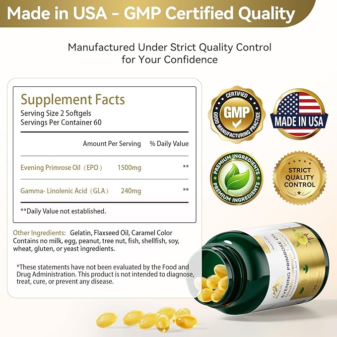 1500mg Evening Primrose Oil Capsules for Women | 240mg High GLA (16%) for Hormonal Balance &amp Skin Health (1 Bottle-120 Softgels-2mo Supply) Menopause Supplements | Non-GMO Gluten-Free Cold Press