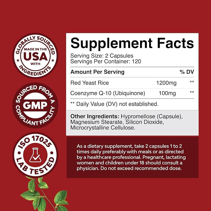 Red Yeast Rice with CoQ10 Supplement - Advanced Healthy Heart &amp Healthy Cholesterol Levels Formula for Men &amp Women - Extra Strength Capsule with Red Yeast Rice 1200 mg Capsules with CoQ10-240