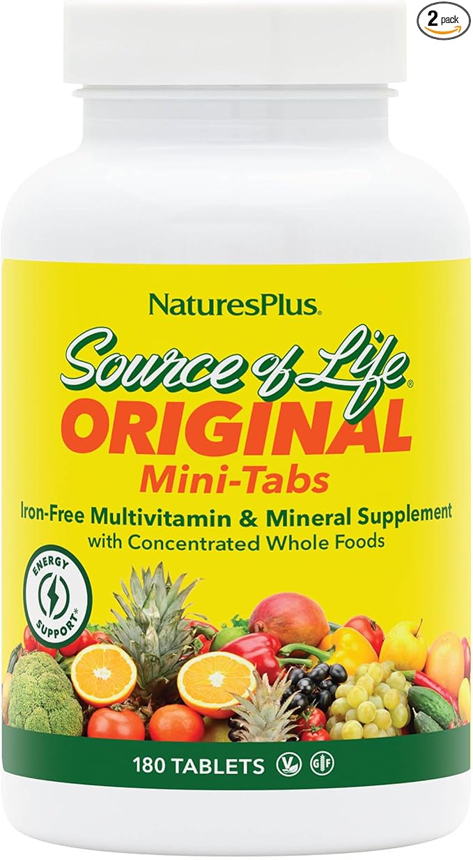 NaturesPlus Source of Life No Iron - 180 Mini-Tabs Pack of 2 - Multivitamin &amp Mineral Supplement - Supports Natural Energy &amp Overall Well-Being - Gluten Free Vegetarian - 60 Total Servings