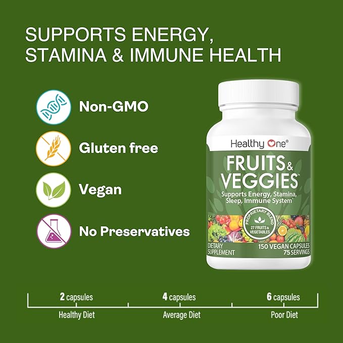 Fruits &amp Veggies Formula - 27 Premium Whole Foods - Organic Ingredients - Equals 3 Servings of Fruits &amp Vegetables - Improve Energy Focus &amp Immune Function - Fiber - Antioxidants - 120ct
