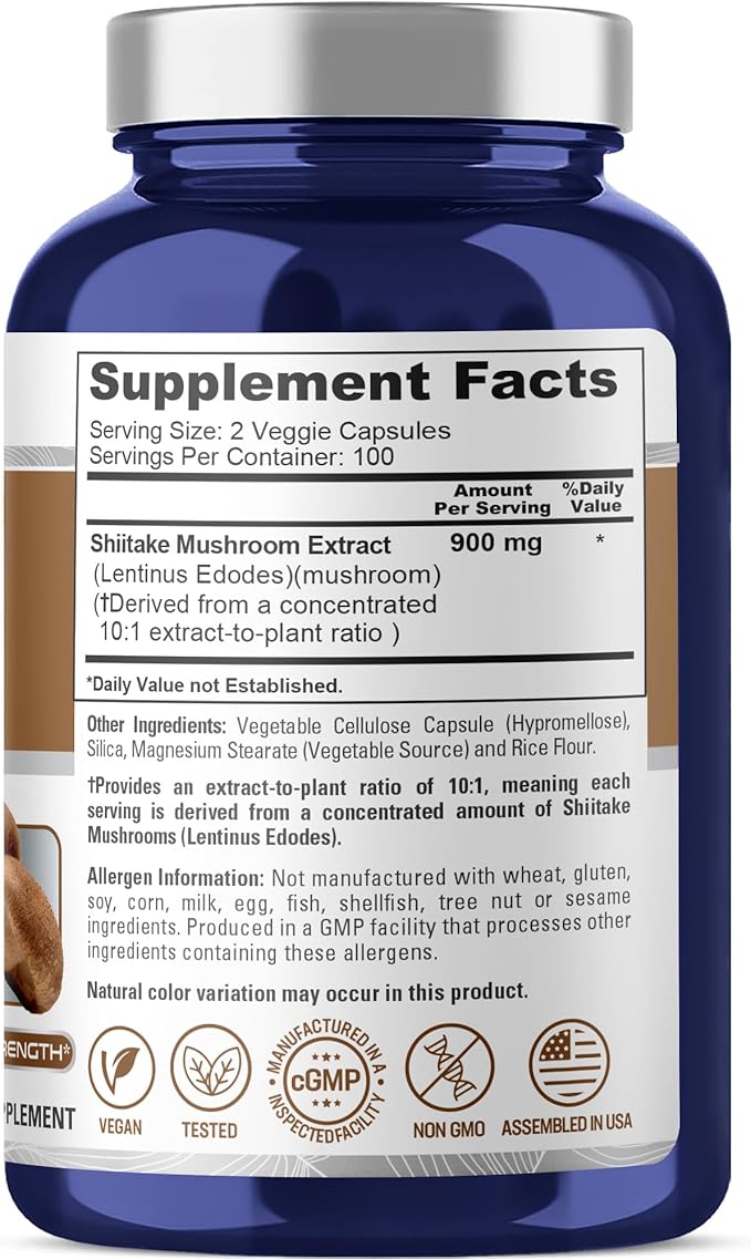NusaPure Shiitake Mushroom 900 mg 200 Veggie Capsules (Non-GMO Vegan)