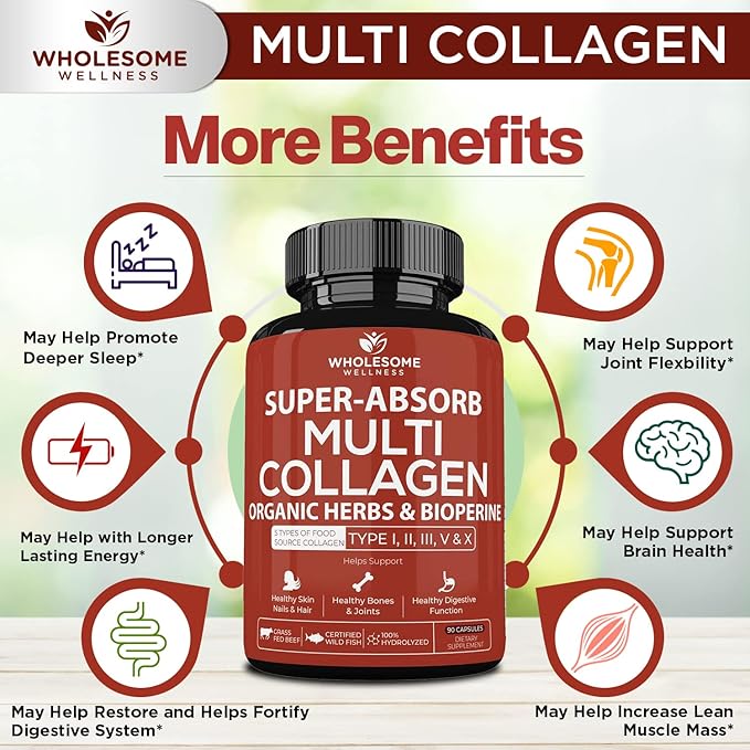 Wholesome Wellness Super-Absorb Multi Collagen Pills (Type I II III V X) Organic Herbs &amp Bioperine - Hair Skin Nails - Hydrolyzed Peptides Protein Supplement for Women &amp Men (90 Capsules)