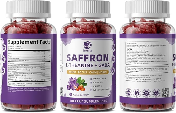 Lukaree 10-in-1 Saffron Gummies Supplements for Mood Focus &amp Eye Support with L-Theanine 200mg GABA Ashwagandha Lutein Zeaxanthin &amp Astaxanthin Sugar Free Vegan Berry Flavor 2 Pack 12