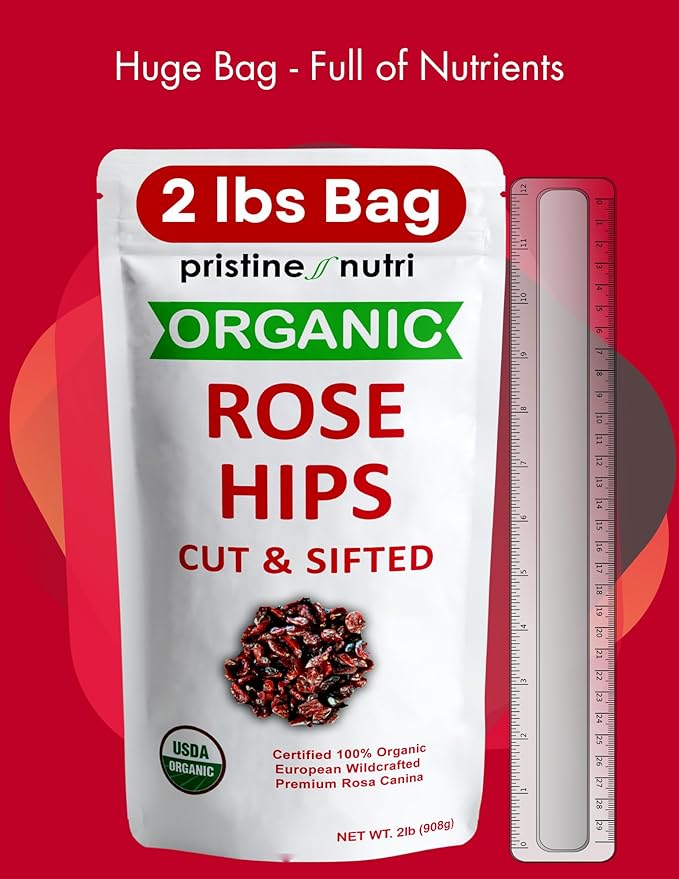 2 lb (32 oz) 100% USDA Organic Rose Hips Dried Bulk Rosehips Cut &amp Sifted Shells 95% Seedless European All Natural Makes 140 Cups of Vitamin C Rich Tea (packaging may vary)
