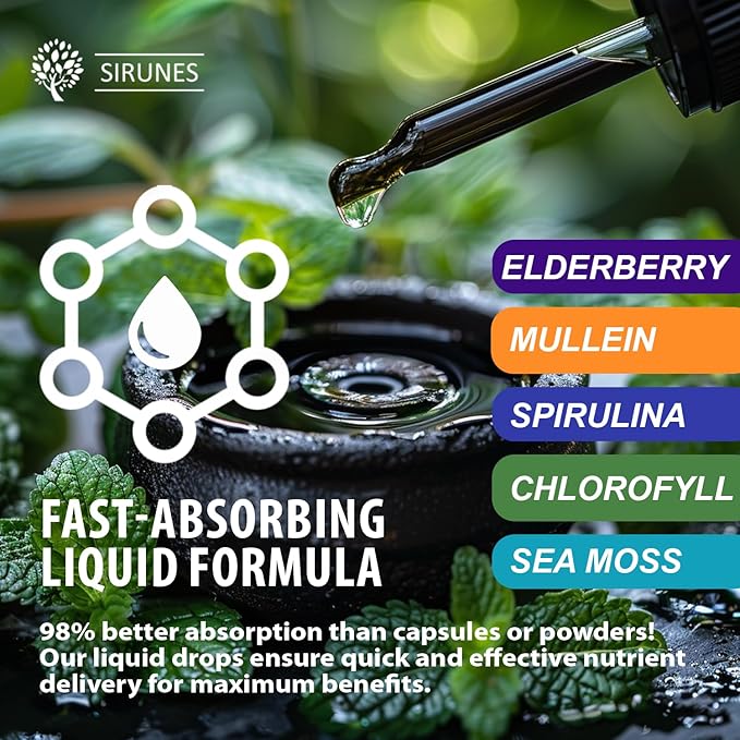 SIRUNES Mullein Herbal Drops with Chlorophyll Irish Sea Moss Spirulina &amp Elderberry – 4 fl oz – Daily Respiratory &amp Immune Wellness Supplement