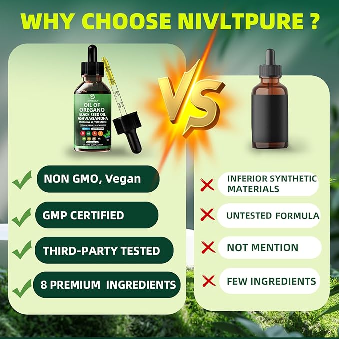 Oil of Oregano with Black Seed Oil | 8 in 1 Organic Oregano Oil Drops with Ashwagandha Moringa &amp Turmeric | Natural Herbal Supplements for Immune Support &amp Stress Relief | Vegan Friendly 2 F
