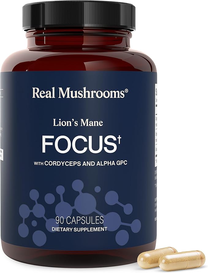 Real Mushrooms Lion’s Mane Focus Capsules (90 Count) – Organic Lions Mane Fruiting Body Extracts (3.3g Dried Equivalent) with 200mg Alpha GPC Choline for Mental Clarity &amp Daily Cognitive Function