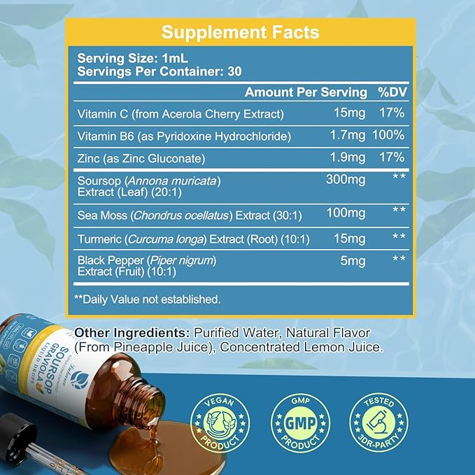 (2 Pack) Soursop Graviola Leaf Extract Liquid Drop Plus Pure Botanical Sea Moss for Cell Support &amp Regeneration Immunity and Gut Health Soursop Bitters Liquid丨Full TexturePineapple Flavor1 Fl