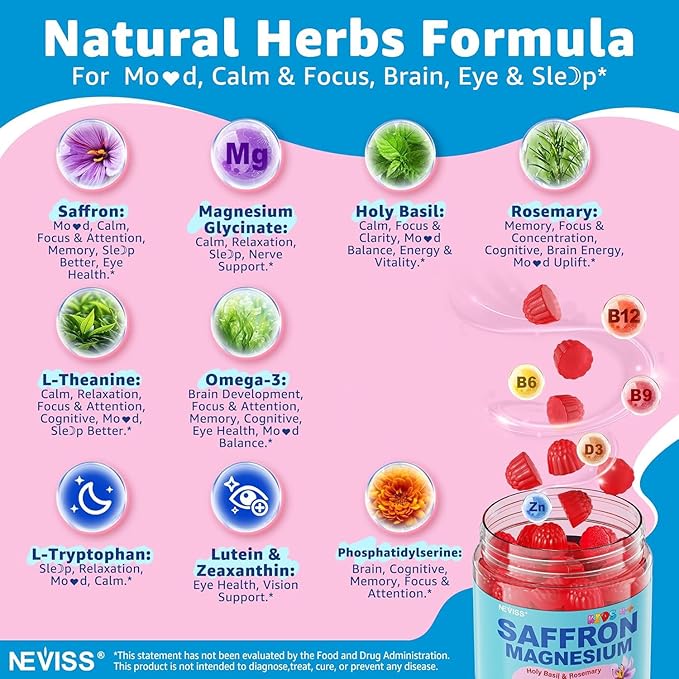 Saffron +Magnesium Glycinate +Omega-3 - Calm Focus Gummies for Kids 4+ Saffron Extract Supplement with L-Theanine Holy Basil Rosemary B6 D3 for Happy Mood Cognition ZZz Sugar Free 2 Pack