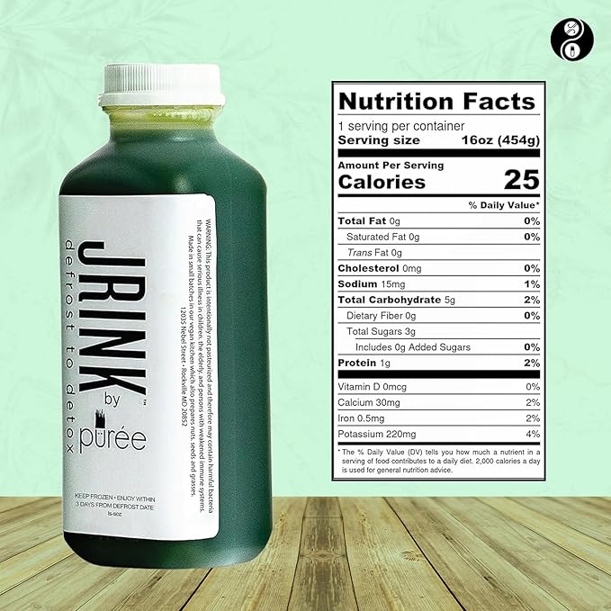 JRINK by Purée Easy Green Juice Cold Pressed Organic Fruit and Vegetable Blend Detox Cleanse Healthy Raw Greens Drink No Preservatives Juice Cleanse 16oz HDPE Bottles Pack of 12