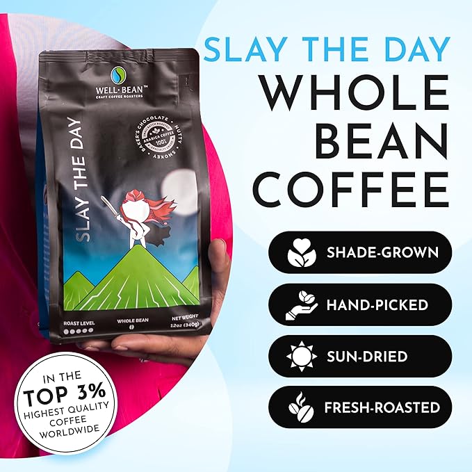 Well-Bean Coffee - Slay the Day Whole Bean Coffee Dark Brazilian Coffee Vegan Coffee Beans Whole Gluten-Free and Keto Friendly Dark Roasted Coffee 2 lb Coffee…