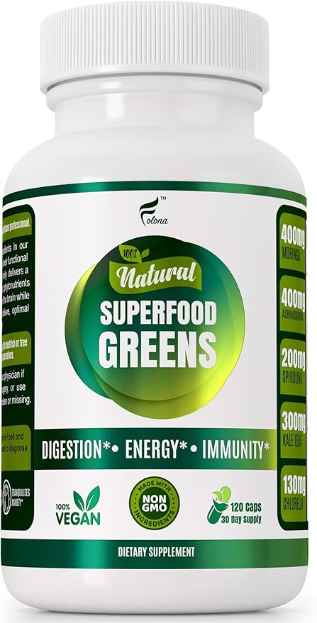Organic Vegan Super Greens Capsules with Ashwagandha - Immune Support with All Natural Whole Food Nutrients Chlorella Moringa Spirulina Turmeric Kale. Improve Digestion Boost Energy - Detox Pills