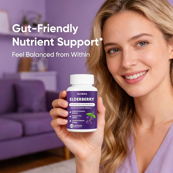 Elvera Elderberry Gut Support Complex - Organic Black Elderberry Soft Capsules with Zinc &amp Vitamin C – Immune Support Digestive Balance Natural Energy Daily Immune &amp Digestive Wellness 60