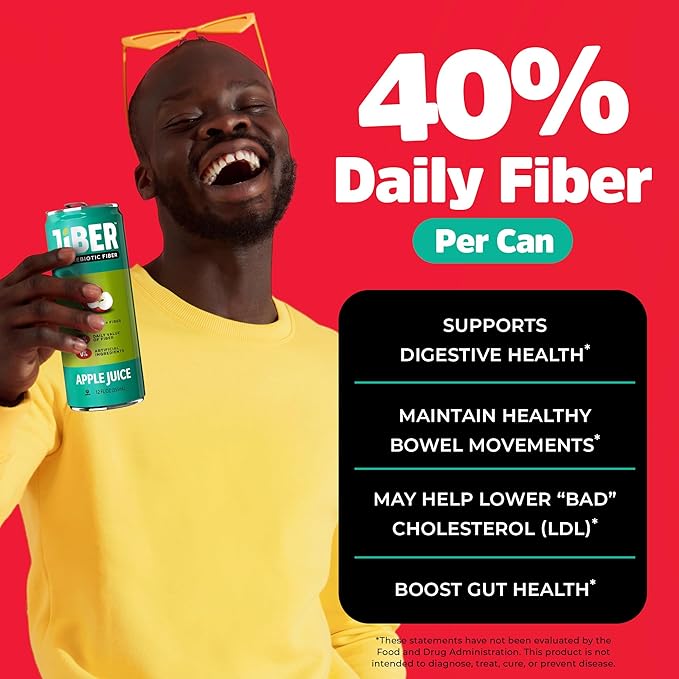 JIBER High Fiber Apple Juice Drink - No Sugar Added - 12 fl oz Apple Juice Cans with 40% Daily Fiber - Prebiotic Drink- Healthy Drinks for Kids - Juice for Teens Adults &amp Seniors (12 Pack)