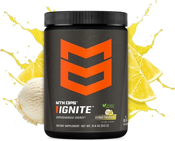 MTN OPS Ignite Energy Drink Powder Naturally Gluten Free &amp Sweetened with Monk Fruit Nitric Oxide Supplement Drink Mix Caffeine &amp Nootropic Sugar Free Drink Mix 45 Servings Citrus Italian