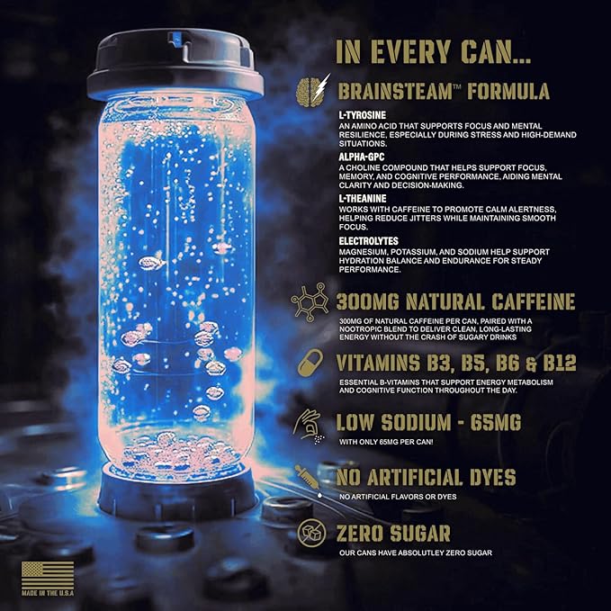 Reveille Blueberry Energy Drink (12 Pack) - Citrus Mixed Berry Nootropic Drink - Zero Sugar Energy Drinks w/ 300mg Caffeine &amp Vitamins - Power Drinks for First Responders Athletes Veterans
