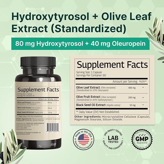 VINATURA Hydroxytyrosol Supplement Olive Leaf Extract - 40% Hydroxytyrosol Olive Fruit Extract 10% Oleuropein Olive Leaf Extract Capsules - 60 Capsules