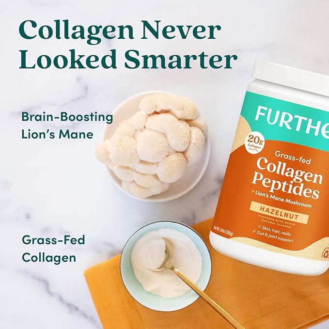 Further Food Hazelnut Collagen Peptides Powder with Lion’s Mane Mushroom Grass-Fed Hydrolyzed Type 1 &amp 3 Protein Gut Health + Joint Hair Skin Nails Paleo Keto Sugar-Free 9.88 oz