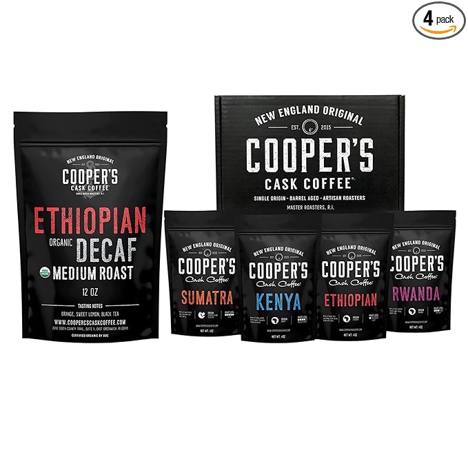 Gourmet Coffee Sampler Gift Box Set - Ground Coffee - 4 bags - 1lb Total and Organic Ethiopian Decaf Swiss Water Processed SWP Ground Coffee (12oz Ground)