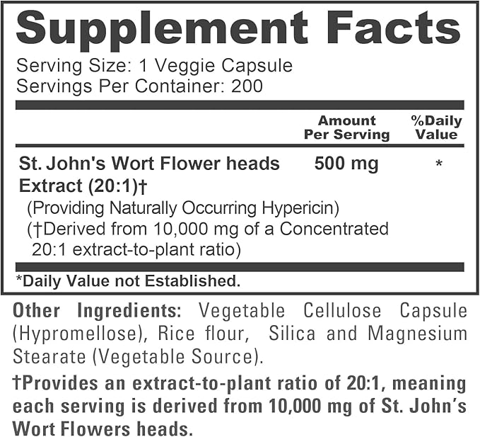NusaPure St. John's Wort Extract 20:1 - Suitable for Vegetarian/Vegan Non- GMO - 10000mg - 200 Capsules