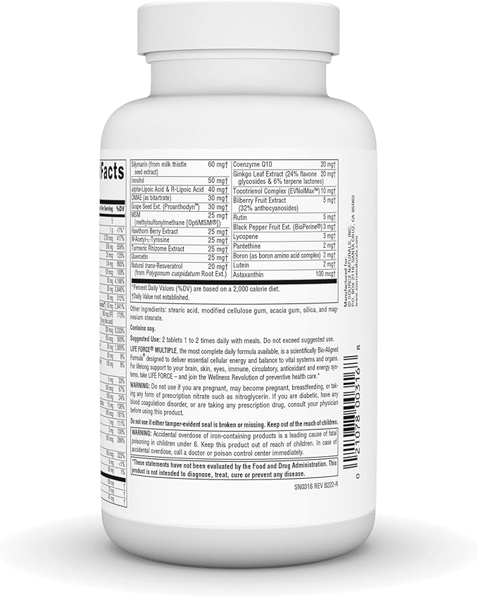 Source Naturals Life Force Multiple Daily Multivitamin High Potency Essential Vitamins Minerals Antioxidants &amp Nutrients - Energy &amp Immune Boost - 90 Tablets