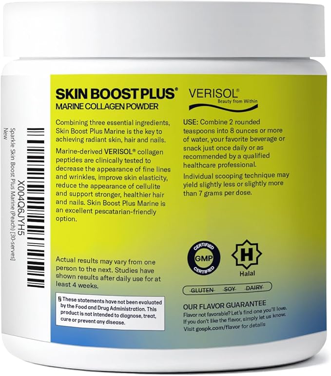 Sparkle Wellness Marine-derived VERISOL Bioactive Hydrolyzed Collagen Peptides | Collagen Powder Supplement with Vitamin C &amp Hyaluronic Acid | Marine Skin Boost Plus (Peach) [30-Serves]