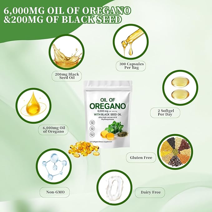 Oil of Oregano with Black Seed Oil2-in-1 Oregano Oil Capsules Organic6000mg Per Serving300 Softgels4X Strength Carvacrol &amp ThymoquinoneNon-GMOGluten Free &amp Immune Support