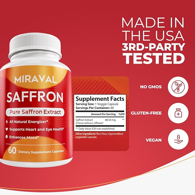 Saffron Supplement for Men &amp Women – Saffron Capsules with Organic Saffron Extract – Supports Mood Focus &amp Clarity – Non-GMO Gluten-Free – 60 Capsules – 60-Day Supply