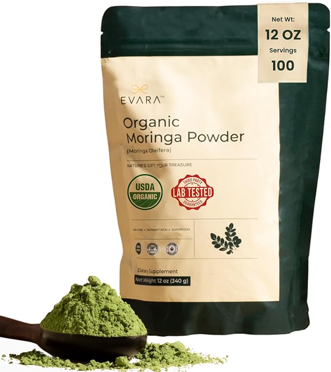 EVARA Moringa Powder Organic (12oz/ 340g) | 100% Pure &amp Organic Moringa Leaf Powder with Vital Nutrients | For Strong Immunity Natural Energy &amp Skin Health | Vegan Gluten Free | GMP &amp US
