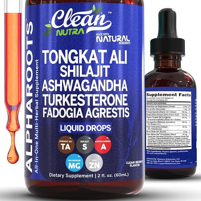 Tongkat Ali Liquid Drops Shilajit Ashwagandha Turkesterone Fadogia Agrestis Magnesium Irish Sea Moss and Zinc Herbal Supplement by Clean Nutra