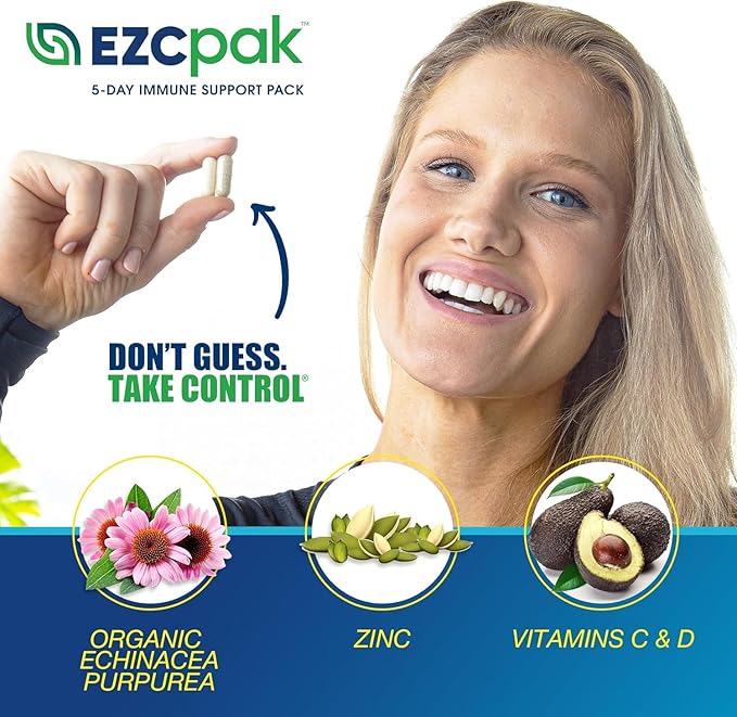 EZC Pak 5-Day Immune System Booster with Echinacea Vitamin C Zinc &amp Vitamin D - Tapered Immune Support Supplement for Adults - Supports Immunity Easy Travel-Size Supplement Pack - (Pack of 6)