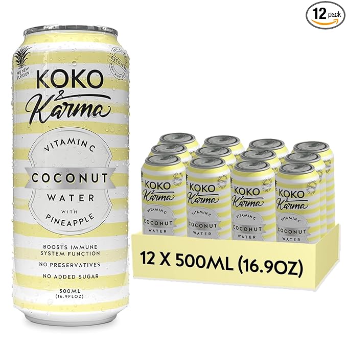 Koko &amp Karma – Premium Coconut Water with Pineapple &amp Vitamin C Refreshing Taste with Natural Sweetness – 12 Pack 16.9 Ounce Cans