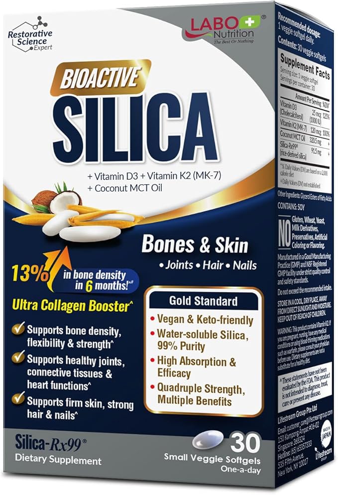 LABO Nutrition Bioactive Silica | Vegan Support for Strong Joint Bones &amp Healthy Collagen Production Glowing Skin Strong Hair &amp Nails | 99% Purity Rice-Derived Silica Supplement 30 Vegan S