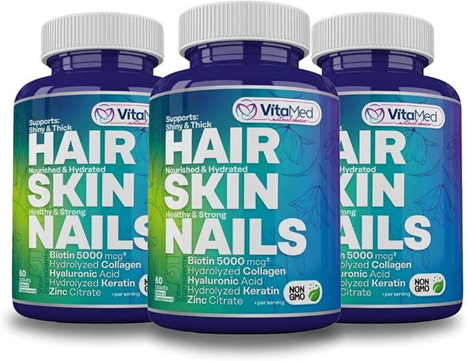 VitaMed Hair Skin &amp Nails – Biotin 5000 mcg Collagen OptiMSM Keratin Hyaluronic Acid &amp Silica | Supports Hair Growth Radiant Skin Strong Nails | Halal Non-GMO Gluten-Free – 180 Beauty