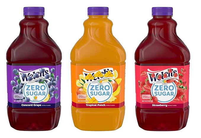 Welch$ Zero Sugar Juice Drink Variety Pack Concord Grape Tropical Punch Strawberry 64 fl oz Bottles100% Vitamin C - 3 Pack