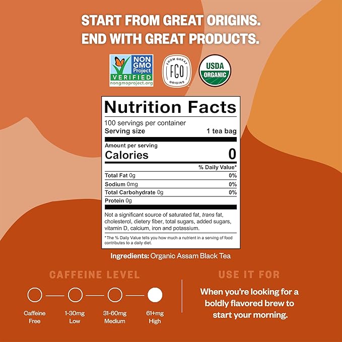 FGO Organic Assam Tea 100 Count Eco-Conscious Black Tea Bags Resealable Bag Packaging May Vary (Pack of 1)