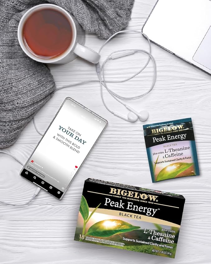 Bigelow Tea Peak Energy plus extra L-Theanine &amp Caffeine 18 Count (Pack of 6) 108 Total Tea Bags