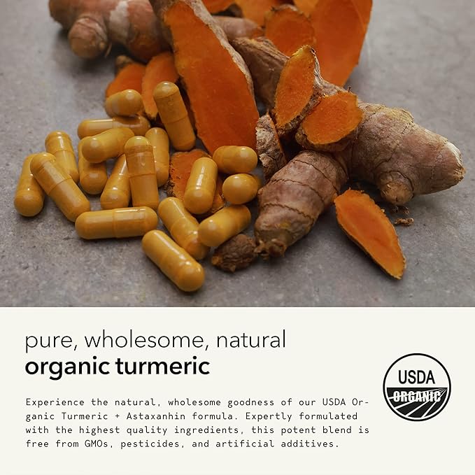 Organic Astaxanthin 12mg Plus Turmeric 1500mg Black Pepper Extract High Absorption Eye Heart Skin Joint Vegan Gluten-Free Non-GMO Double Antioxidant Turmeric Curcumin Supplement 30-Days
